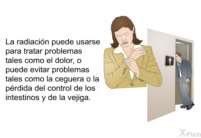 La radiacin puede usarse para tratar problemas tales como el dolor, o puede evitar problemas tales como la ceguera o la prdida del control de los intestinos y de la vejiga.