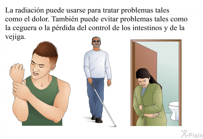 La radiacin puede usarse para tratar problemas tales como el dolor. Tambin puede evitar problemas tales como la ceguera o la prdida del control de los intestinos y de la vejiga.