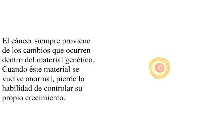 El cncer siempre proviene de los cambios que ocurren dentro del material gentico. Cuando ste material se vuelve anormal, pierde la habilidad de controlar su propio crecimiento.
