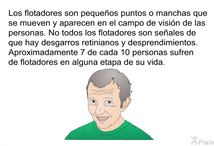 Los flotadores son pequeos puntos o manchas que se mueven y aparecen en el campo de visin de las personas. No todos los flotadores son seales de que hay desgarros retinianos y desprendimientos. Aproximadamente 7 de cada 10 personas sufren de flotadores en alguna etapa de su vida.