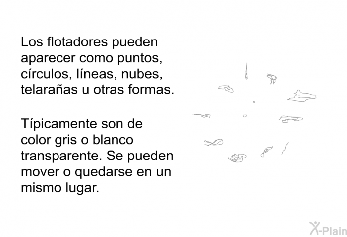 Los flotadores pueden aparecer como puntos, crculos, lneas, nubes, telaraas u otras formas. Tpicamente son de color gris o blanco transparente. Se pueden mover o quedarse en un mismo lugar.