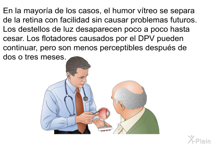 En la mayora de los casos, el humor vtreo se separa de la retina con facilidad sin causar problemas futuros. Los destellos de luz desaparecen poco a poco hasta cesar. Los flotadores causados por el DPV pueden continuar, pero son menos perceptibles despus de dos o tres meses.