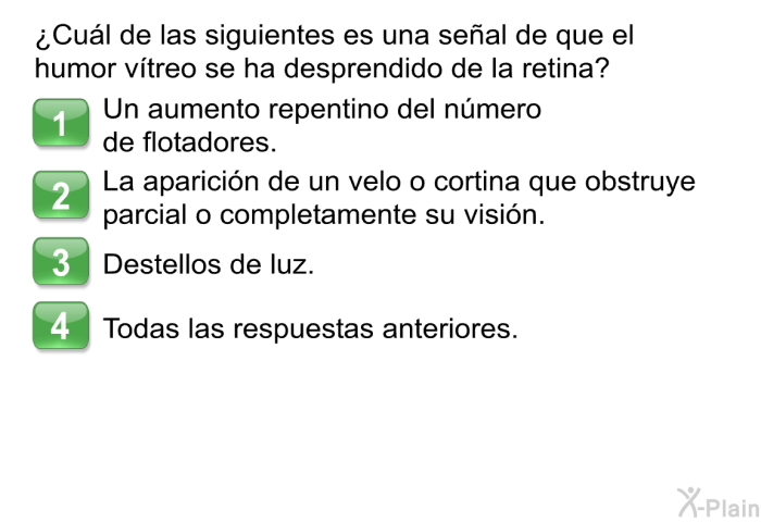 ¿Cul de las siguientes es una seal de que el humor vtreo se ha desprendido de la retina?  Un aumento repentino del nmero de flotadores. La aparicin de un velo o cortina que obstruye parcial o completamente su visin. Destellos de luz Todas las respuestas anteriores