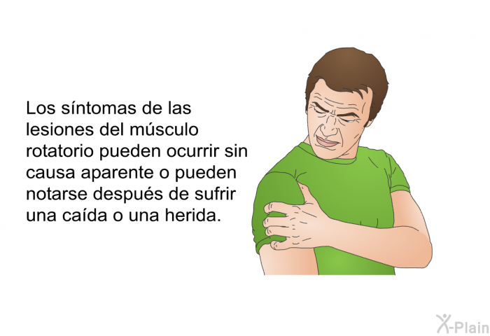 Los sntomas de las lesiones del msculo rotatorio pueden ocurrir sin causa aparente o pueden notarse despus de sufrir una cada o una herida.