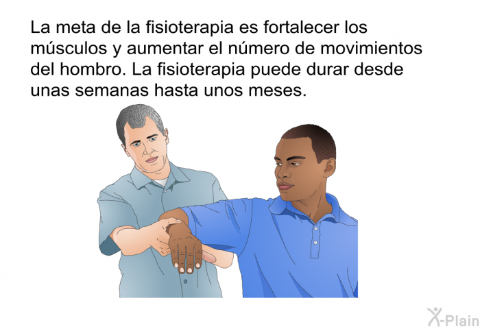 La meta de la fisioterapia es fortalecer los m�sculos y aumentar el n�mero de movimientos del hombro. La fisioterapia puede durar desde unas semanas hasta unos meses.