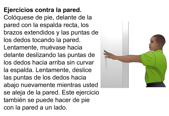 <B>Ejercicios contra la pared. </B> Colquese de pie, delante de la pared con la espalda recta, los brazos extendidos y las puntas de los dedos tocando la pared. Lentamente, muvase hacia delante deslizando las puntas de los dedos hacia arriba sin curvar la espalda. Lentamente, deslice las puntas de los dedos hacia abajo nuevamente mientras usted se aleja de la pared. Este ejercicio tambin se puede hacer de pie con la pared a un lado.