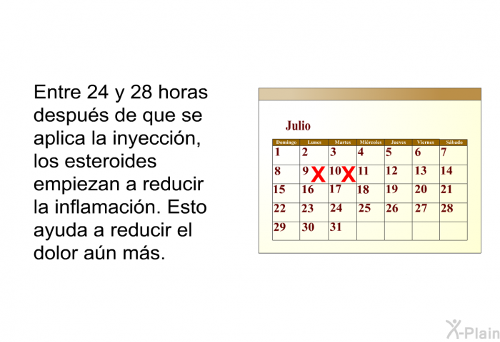 Entre 24 y 28 horas despus de que se aplica la inyeccin, los esteroides empiezan a reducir la inflamacin. Esto ayuda a reducir el dolor an ms.