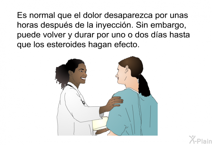 Es normal que el dolor desaparezca por unas horas despus de la inyeccin. Sin embargo, puede volver y durar por uno o dos das hasta que los esteroides hagan efecto.