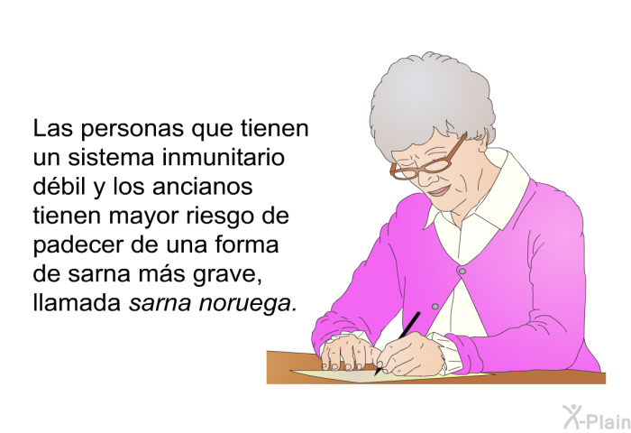 Las personas que tienen un sistema inmunitario dbil y los ancianos tienen mayor riesgo de padecer de una forma de sarna ms grave, llamada sarna noruega.