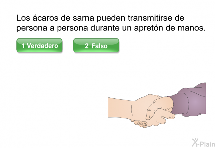 Los caros de sarna pueden transmitirse de persona a persona durante un apretn de manos. Presione Verdadero o Falso.