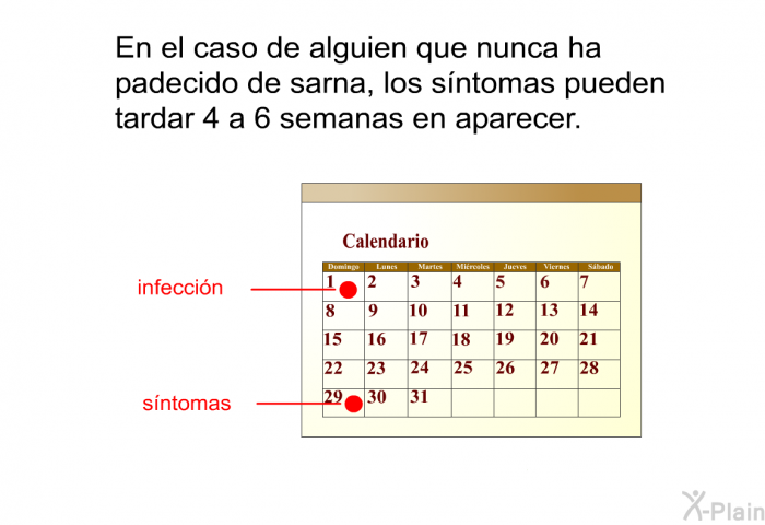 En el caso de alguien que nunca ha padecido de sarna, los sntomas pueden tardar 4 a 6 semanas en aparecer.