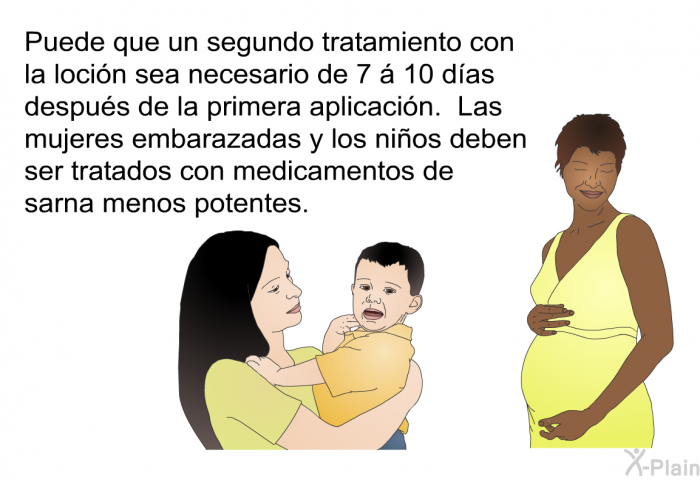 Puede que un segundo tratamiento con la locin sea necesario de 7  10 das despus de la primera aplicacin. Las mujeres embarazadas y los nios deben ser tratados con medicamentos de sarna menos potentes.