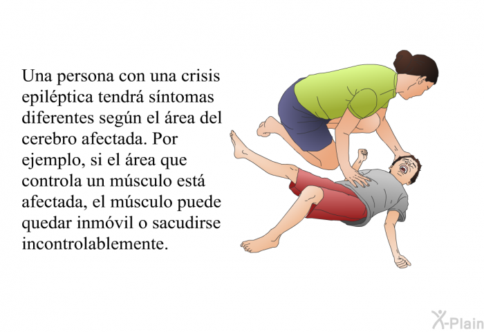 Una persona con una crisis epilptica tendr sntomas diferentes segn el rea del cerebro afectada. Por ejemplo, si el rea que controla un msculo est afectada, el msculo puede quedar inmvil o sacudirse incontrolablemente.