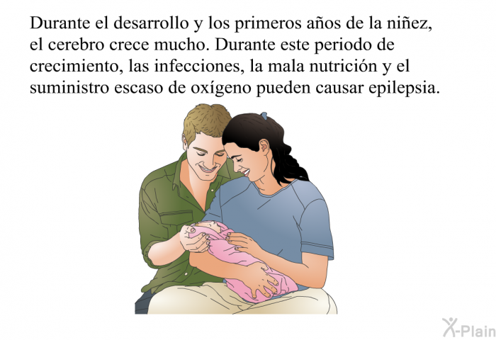 Durante el desarrollo y los primeros aos de la niez, el cerebro crece mucho. Durante este periodo de crecimiento, las infecciones, la mala nutricin y el suministro escaso de oxgeno pueden causar epilepsia.