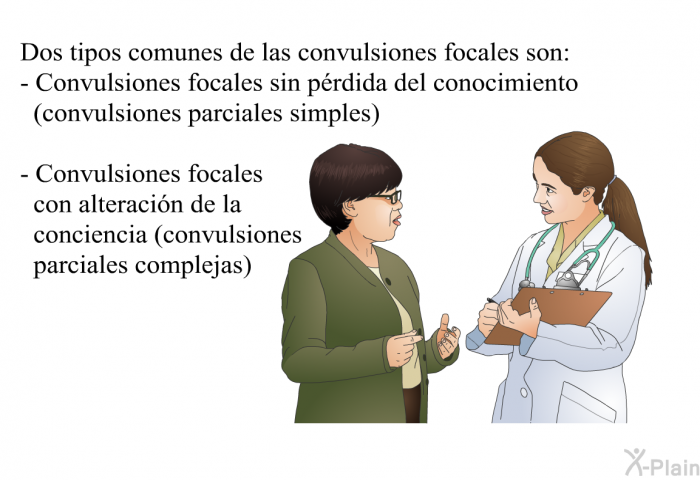 Dos tipos comunes de las convulsiones focales son:  Convulsiones focales sin p�rdida del conocimiento (convulsiones parciales simples) Convulsiones focales con alteraci�n de la conciencia (convulsiones parciales complejas)