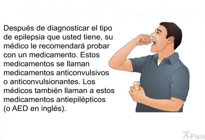 Despu�s de diagnosticar el tipo de epilepsia que usted tiene, su m�dico le recomendar� probar con un medicamento. Estos medicamentos se llaman medicamentos anticonvulsivos o anticonvulsionantes. Los m�dicos tambi�n llaman a estos medicamentos antiepil�pticos (o AED en ingl�s).