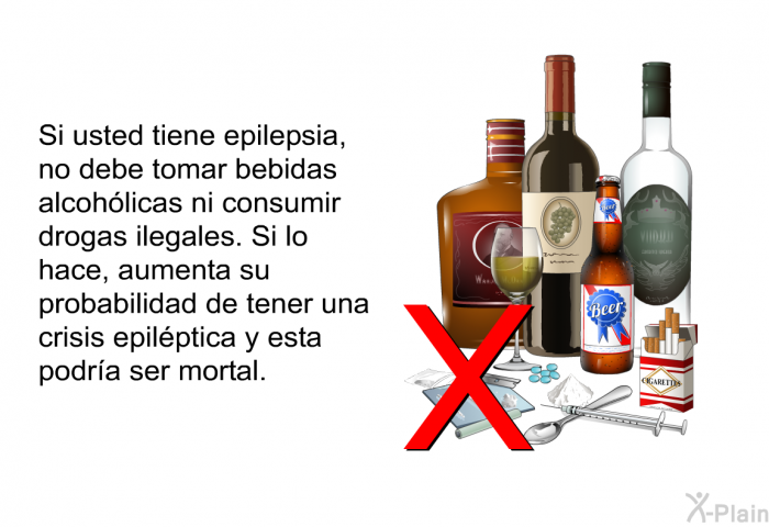 Si usted tiene epilepsia, no debe tomar bebidas alcohlicas ni consumir drogas ilegales. Si lo hace, aumenta su probabilidad de tener una crisis epilptica y esta podra ser mortal.