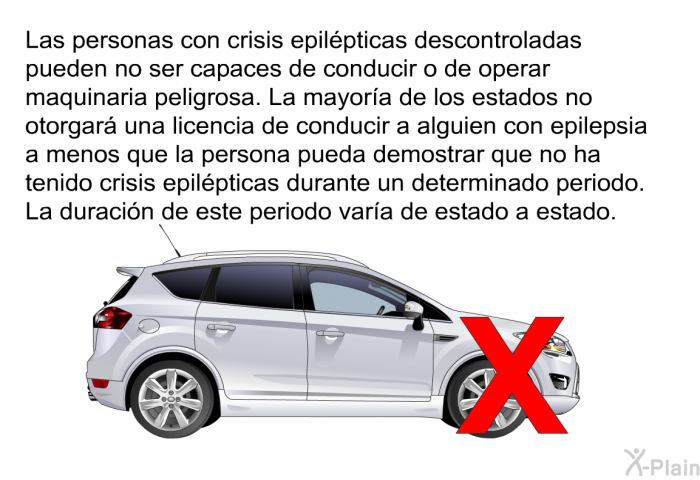 Las personas con crisis epilpticas descontroladas pueden no ser capaces de conducir o de operar maquinaria peligrosa. La mayora de los estados no otorgar una licencia de conducir a alguien con epilepsia a menos que la persona pueda demostrar que no ha tenido crisis epilpticas durante un determinado periodo. La duracin de este periodo vara de estado a estado.