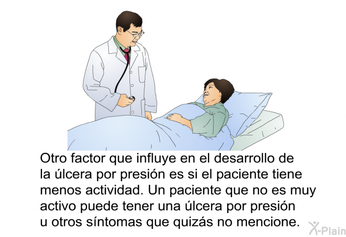 Otro factor que influye en el desarrollo de la lcera por presin es si el paciente tiene menos actividad. Un paciente que no es muy activo puede tener una lcera por presin u otros sntomas que quizs no mencione.