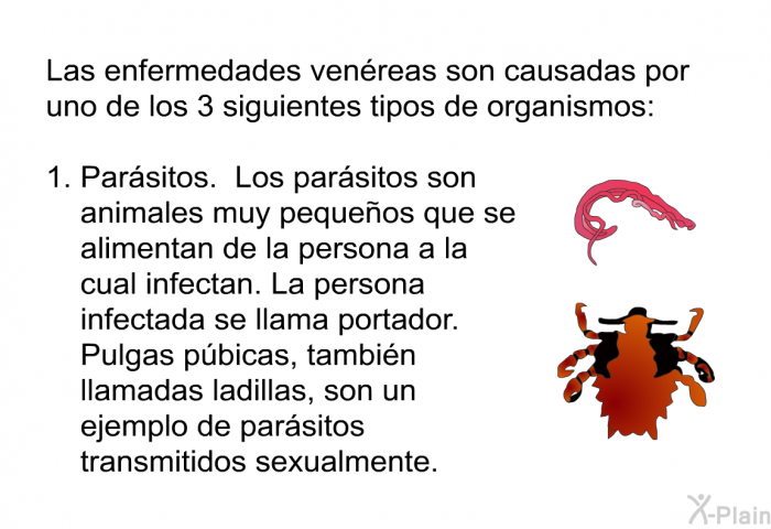 Las enfermedades venreas son causadas por uno de los 3 siguientes tipos de organismos: 
  Parsitos. Los parsitos son animales muy pequeos que se alimentan de la persona a la cual infectan. La persona infectada se llama portador. Pulgas pbicas, tambin llamadas ladillas, son un ejemplo de parsitos transmitidos sexualmente.