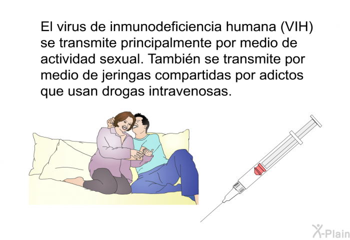 El virus de inmunodeficiencia humana (VIH) se transmite principalmente por medio de actividad sexual. Tambin se transmite por medio de jeringas compartidas por adictos que usan drogas intravenosas.