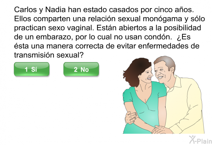 Carlos y Nadia han estado casados por cinco a�os. Ellos comparten una relaci�n sexual mon�gama y s�lo practican sexo vaginal. Est�n abiertos a la posibilidad de un embarazo, por lo cual no usan cond�n. &iquest;Es �sta una manera correcta de evitar enfermedades de transmisi�n sexual?