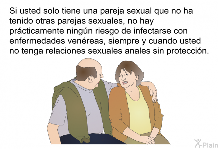 Si usted solo tiene una pareja sexual que no ha tenido otras parejas sexuales, no hay pr�cticamente ning�n riesgo de infectarse con enfermedades ven�reas, siempre y cuando usted no tenga relaciones sexuales anales sin protecci�n.