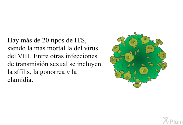 Hay ms de 20 tipos de ITS, siendo la ms mortal la del virus del VIH. Entre otras infecciones de transmisin sexual se incluyen la sfilis, la gonorrea y la clamidia.