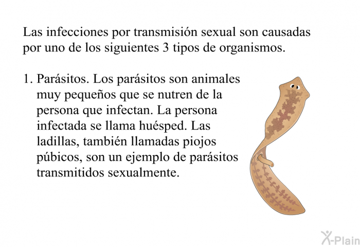 Las infecciones por transmisin sexual son causadas por uno de los siguientes 3 tipos de organismos.  Parsitos. Los parsitos son animales muy pequeos que se nutren de la persona que infectan. La persona infectada se llama husped. Las ladillas, tambin llamadas piojos pbicos, son un ejemplo de parsitos transmitidos sexualmente.