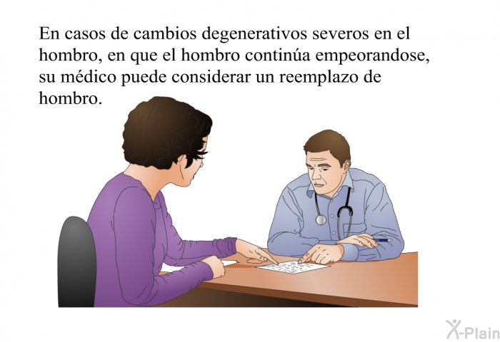 En casos de cambios degenerativos severos en el hombro, en que el hombro contina empeorandose, su mdico puede considerar un reemplazo de hombro.