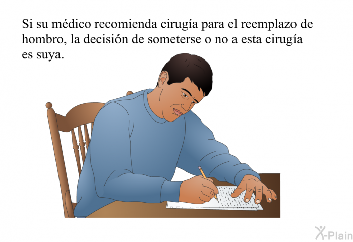 Si su mdico recomienda ciruga para el reemplazo de hombro, la decisin de someterse o no a esta ciruga es suya.