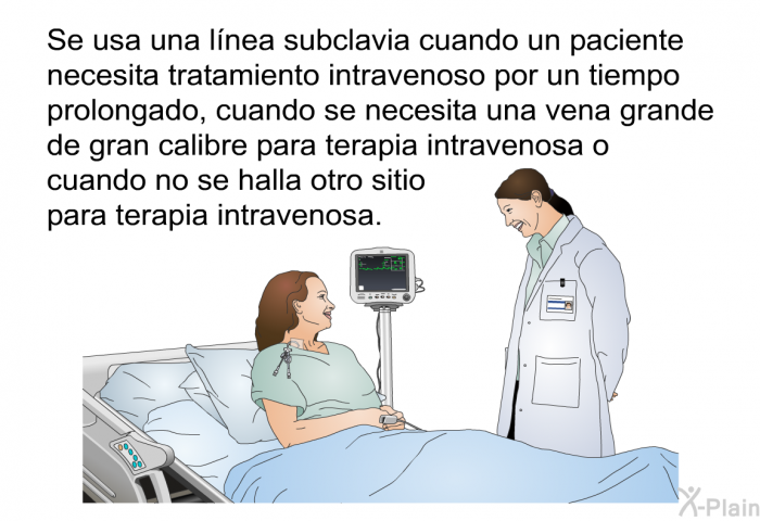 Se usa una lnea subclavia cuando un paciente necesita tratamiento intravenoso por un tiempo prolongado, cuando se necesita una vena grande de gran calibre para terapia intravenosa o cuando no se halla otro sitio para terapia intravenosa.