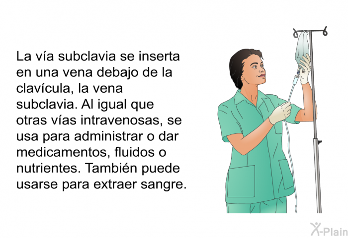 La va subclavia se inserta en una vena debajo de la clavcula, la vena subclavia. Al igual que otras vas intravenosas, se usa para administrar o dar medicamentos, fluidos o nutrientes. Tambin puede usarse para extraer sangre.