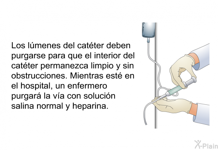 Los lmenes del catter deben purgarse para que el interior del catter permanezca limpio y sin obstrucciones. Mientras est en el hospital, un enfermero purgar la va con solucin salina normal y heparina.