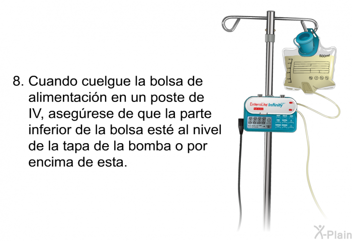 Cuando cuelgue la bolsa de alimentacin en un poste de IV, asegrese de que la parte inferior de la bolsa est al nivel de la tapa de la bomba o por encima de esta.