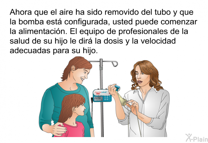 Ahora que el aire ha sido removido del tubo y que la bomba est configurada, usted puede comenzar la alimentacin. El equipo de profesionales de la salud de su hijo le dir la dosis y la velocidad adecuadas para su hijo.