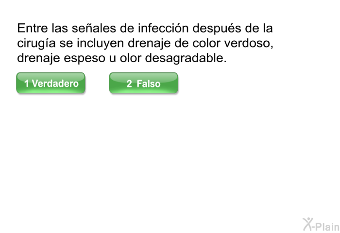Entre las seales de infeccin despus de la ciruga se incluyen drenaje de color verdoso, drenaje espeso u olor desagradable.