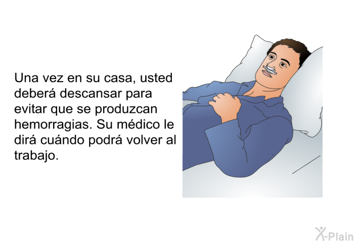 Una vez en su casa, usted deber descansar para evitar que se produzcan hemorragias. Su mdico le dir cundo podr volver al trabajo.