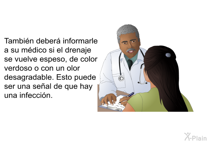 Tambin deber informarle a su mdico si el drenaje se vuelve espeso, de color verdoso o con un olor desagradable. Esto puede ser una seal de que hay una infeccin.