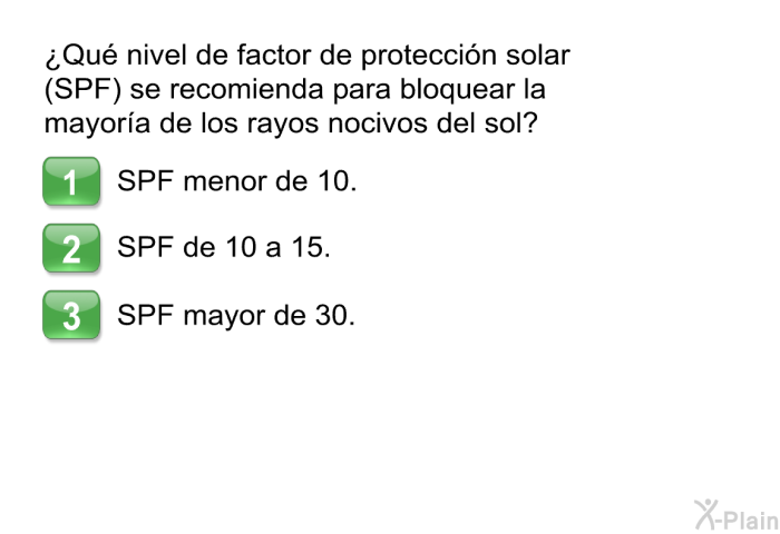 ¿Qu nivel de factor de proteccin solar (SPF) se recomienda para bloquear la mayora de los rayos nocivos del sol?  SPF menor de 10. SPF de 10 a 15. SPF mayor de 30.