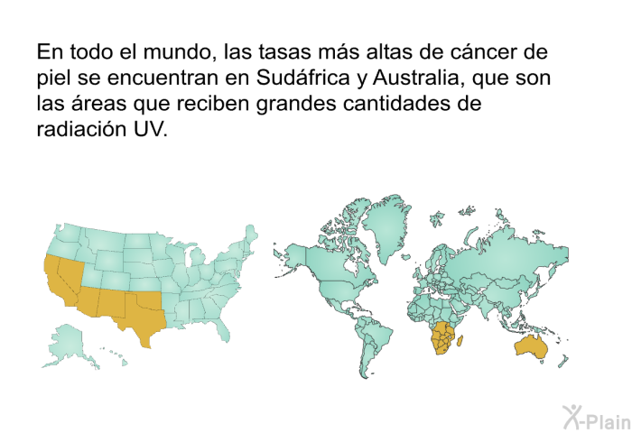 En todo el mundo, las tasas ms altas de cncer de piel se encuentran en Sudfrica y Australia, que son las reas que reciben grandes cantidades de radiacin UV.