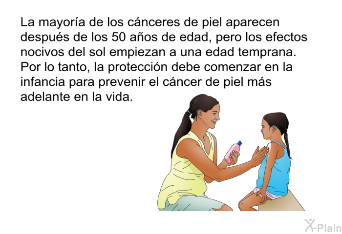 La mayora de los cnceres de piel aparecen despus de los 50 aos de edad, pero los efectos nocivos del sol empiezan a una edad temprana. Por lo tanto, la proteccin debe comenzar en la infancia para prevenir el cncer de piel ms adelante en la vida.