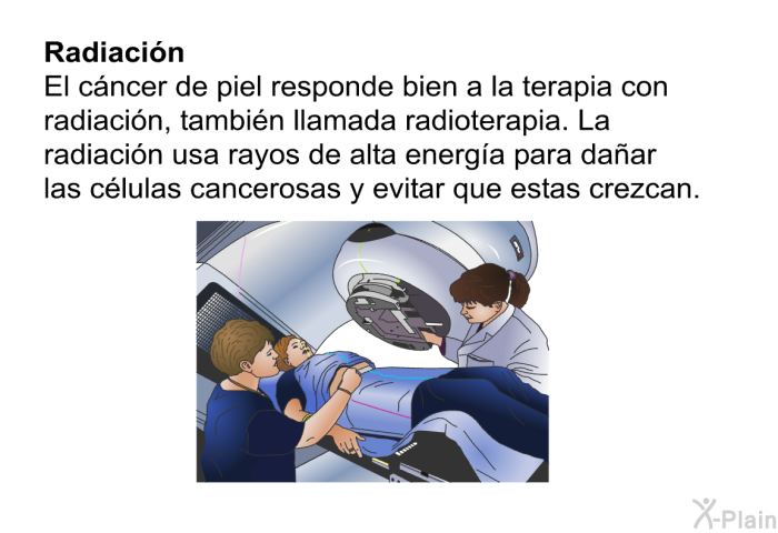 <B>Radiacin:</B> El cncer de piel responde bien a la terapia con radiacin, tambin llamada radioterapia. La radiacin usa rayos de alta energa para daar las clulas cancerosas y evitar que estas crezcan.