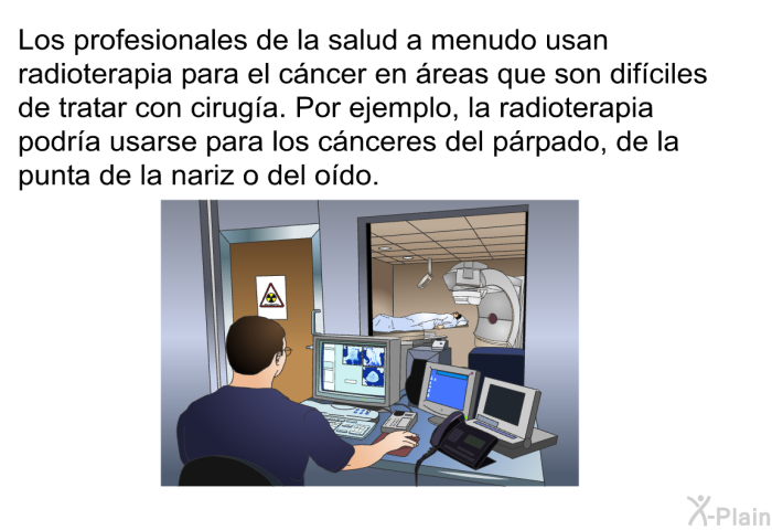 Los profesionales de la salud a menudo usan radioterapia para el cncer en reas que son difciles de tratar con ciruga. Por ejemplo, la radioterapia podra usarse para los cnceres del prpado, de la punta de la nariz o del odo.