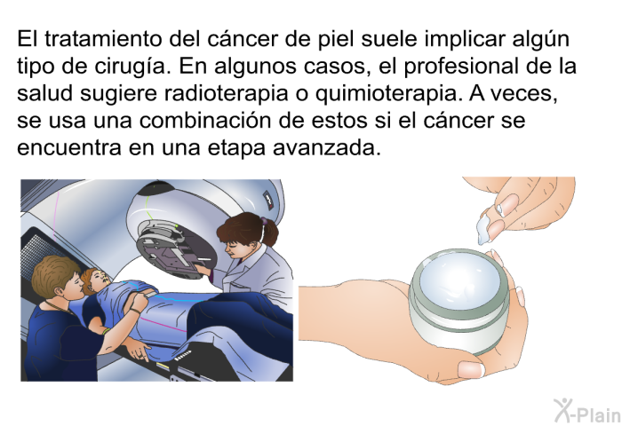 El tratamiento del cncer de piel suele implicar algn tipo de ciruga. En algunos casos, el profesional de la salud sugiere radioterapia o quimioterapia. A veces, se usa una combinacin de estos si el cncer se encuentra en una etapa avanzada.