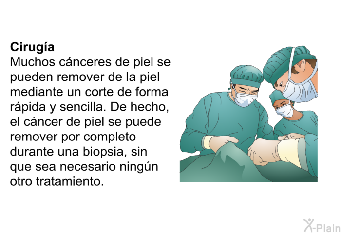 <B>Ciruga:</B> Muchos cnceres de piel se pueden remover de la piel mediante un corte de forma rpida y sencilla. De hecho, el cncer de piel se puede remover por completo durante una biopsia, sin que sea necesario ningn otro tratamiento.