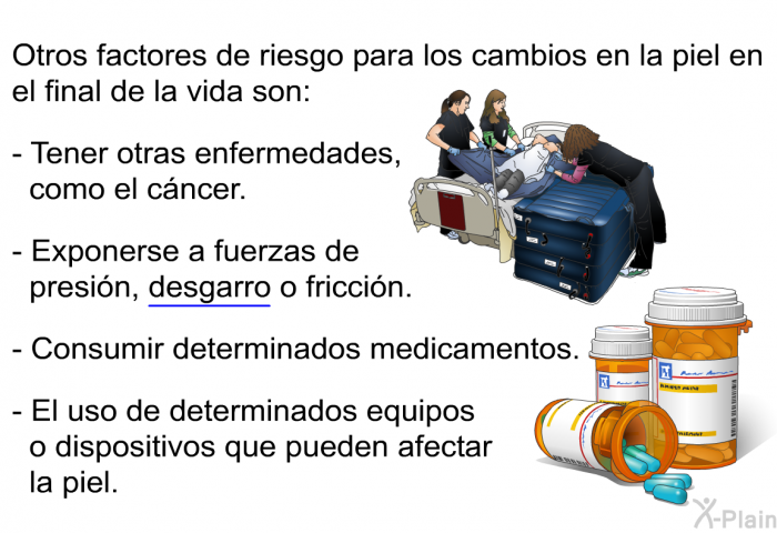 Otros factores de riesgo para los cambios en la piel en el final de la vida son:  Tener otras enfermedades, como el cncer. Exponerse a fuerzas de presin, desgarro o friccin. Consumir determinados medicamentos. El uso de determinados equipos o dispositivos que pueden afectar la piel.