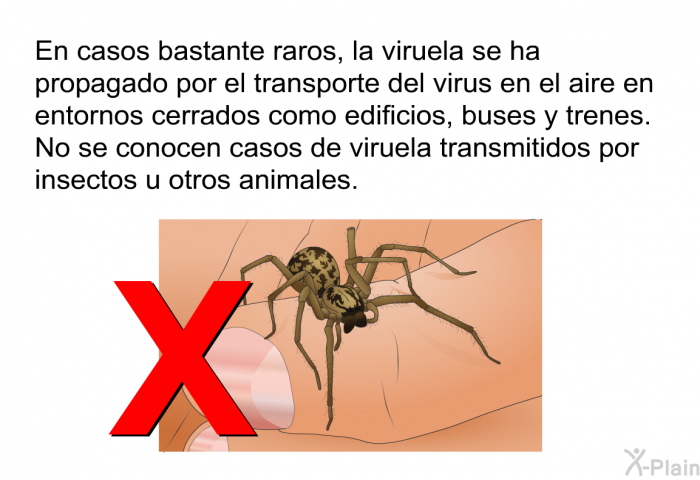En casos bastante raros, la viruela se ha propagado por el transporte del virus en el aire en entornos cerrados como edificios, buses y trenes. No se conocen casos de viruela transmitidos por insectos u otros animales.