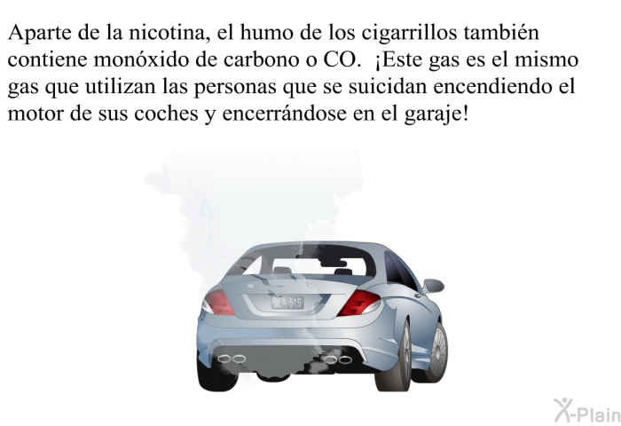 Aparte de la nicotina, el humo de los cigarrillos tambin contiene monxido de carbono o CO. ¡Este gas es el mismo gas que utilizan las personas que se suicidan encendiendo el motor de sus coches y encerrndose en el garaje!