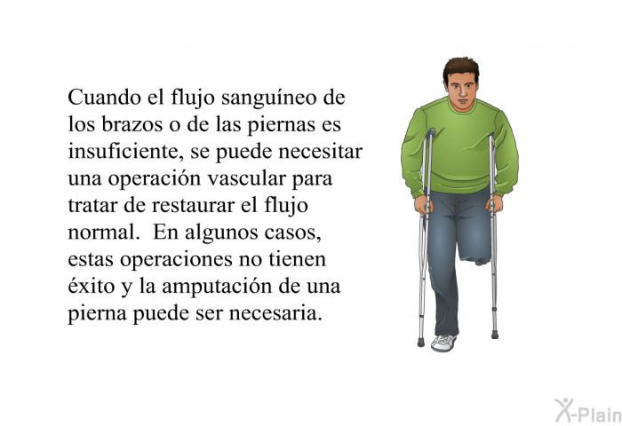 Cuando el flujo sanguneo de los brazos o de las piernas es insuficiente, se puede necesitar una operacin vascular para tratar de restaurar el flujo normal. En algunos casos, estas operaciones no tienen xito y la amputacin de una pierna puede ser necesaria.